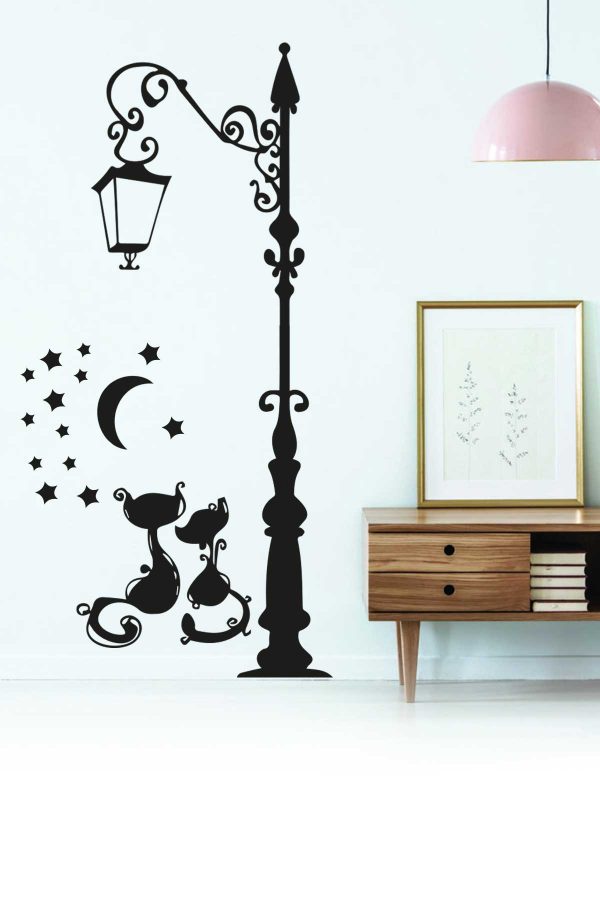 Sokak Lambası İki Kedi Yıldızlar Ay Işığı Dekoratif Duvar Sticker - Home Sticker - Duvar Sticker