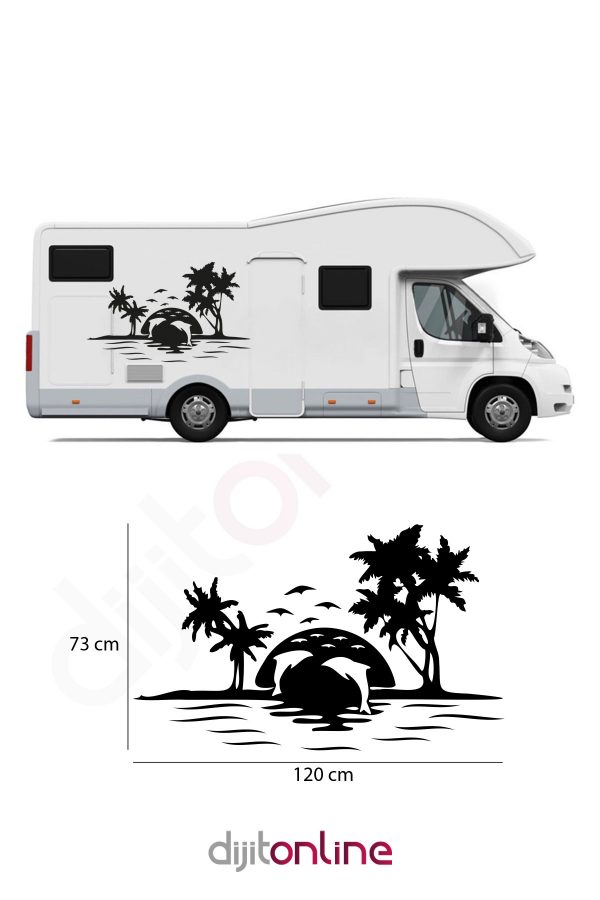 Palmiye Ve Yunuslar Kamp Karavan Sticker Oto Sticker 120x73 Cm