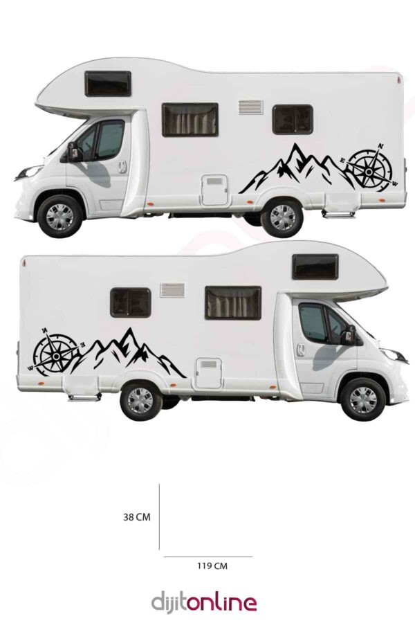 2Adet Karavan Sticker - Dağ ve Pusula Sticker - 119x38 Cm