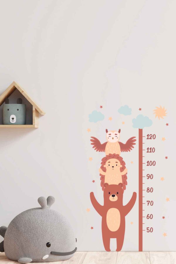 Boy Ölçer Duvar Baskı Sticker - Ayı ve Baykuş Sticker - 69x120 Cm