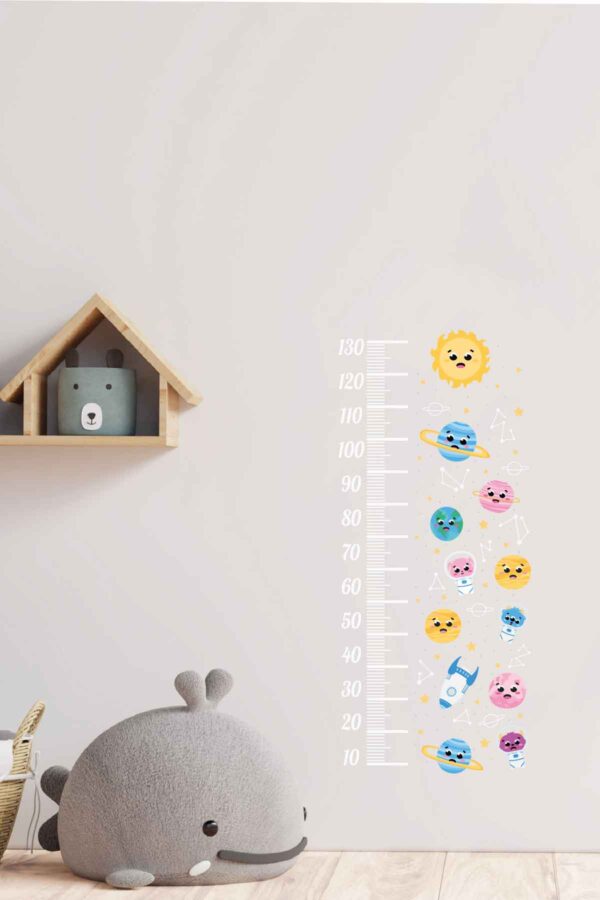 Boy Ölçer Duvar Baskı Sticker - Roket Sticker - Gezegen Sticker - 63x130 Cm