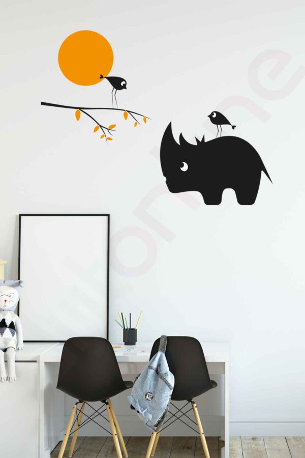 Çocuk Odası Duvar Sticker - Gergedan ve Kuş - 120x91 Cm