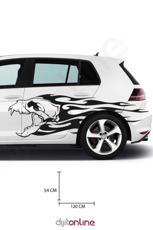 2 Adet Araba Sticker - Ateşli Dinozor Kafatası Sticker - 120x54 Cm