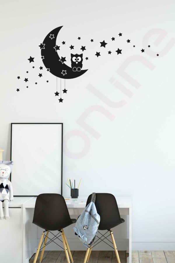 Çocuk Odası Duvar Baykuş Sticker - Ay ve Yıldız Sticker - 120x64 Cm