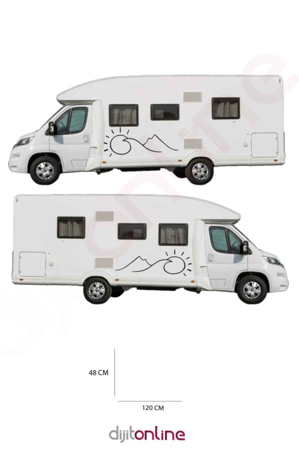 2 Adet Karavan Sticker - Dağ - Dalga - Güneş Sticker - 120x48 Cm