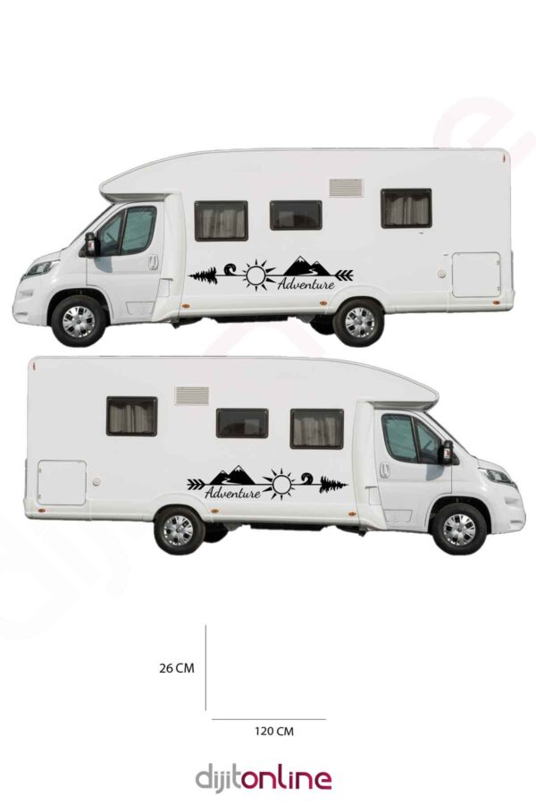2 Adet Karavan Macera Sticker - Dağ ve Güneş Sticker - 120x26 Cm