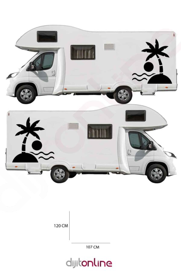 2 Adet Karavan Sticker - Palmiye Sticker - Güneş ve Dalga Sticker - 120x107 Cm
