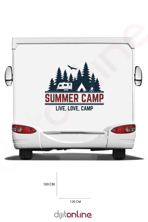 Karavan Kamp Baskı Sticker - Yaz Kampı Sticker - Ağaç ve Ateş Sticker - 120x100 Cm