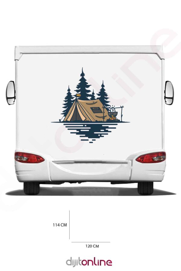 Karavan Kamp Baskı Sticker - Kamp Ateşi Sticker - Kamp Çadırı Sticker - Ağaç Sticker - 120x114 Cm