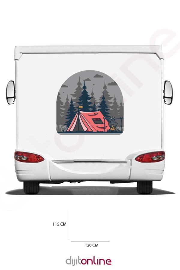 Karavan Kamp Baskı Sticker - Kamp Çadırı Sticker - Kamp Ateşi Sticker - Ağaç Sticker - 120x115 Cm