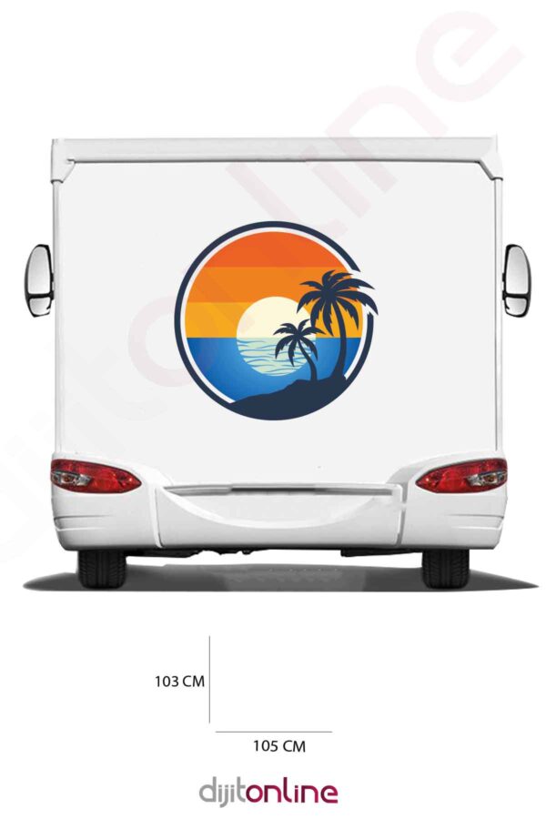 Karavan Palmiye Baskı Sticker - Kuş Sticker - Güneş ve Şezlong Sticker - 110x94 Cm