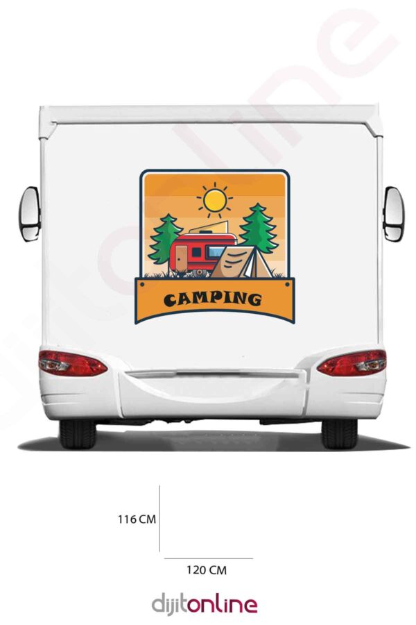 Karavan Kamp Baskı Sticker - Kamp Çadırı Sticker - Ağaç ve Güneş Sticker - 120x116 Cm
