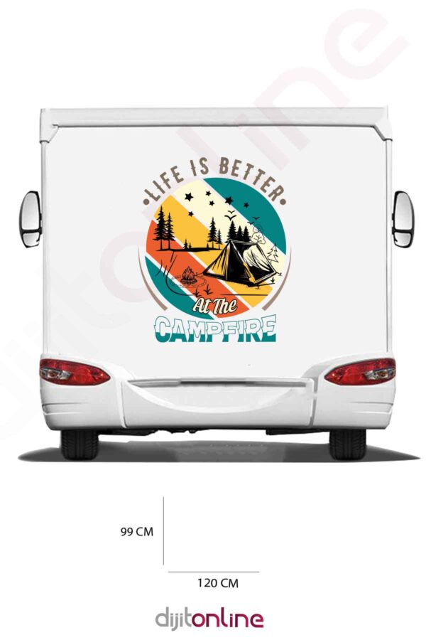 Karavan Kamp Baskı Sticker - Kamp Ateşi ve Kamp Çadırı Sticker - Kuş ve Ağaç Sticker - 120x99 Cm