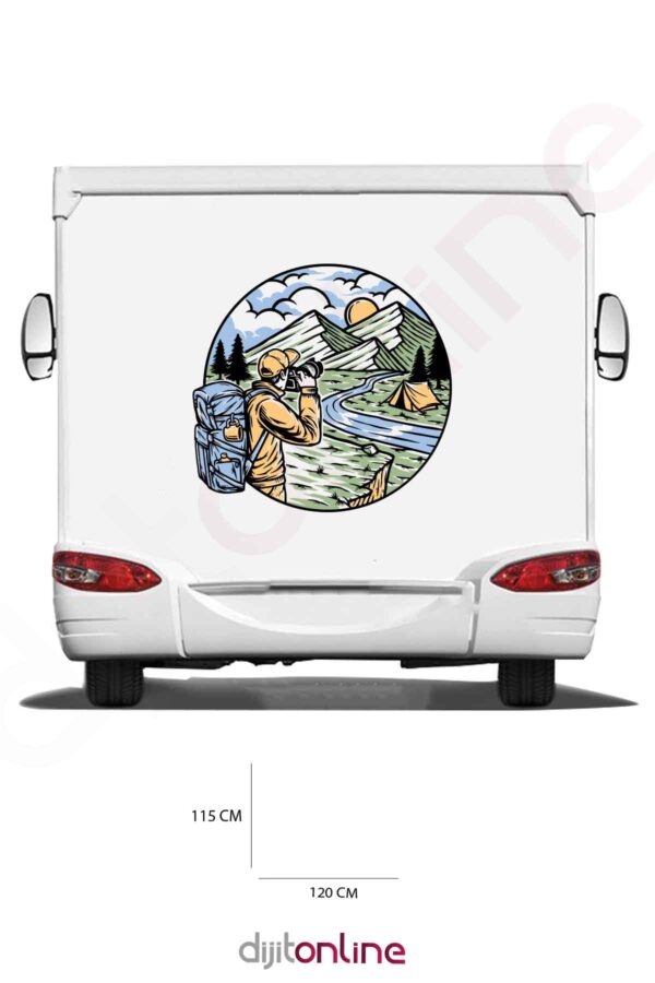 Karavan Kamp Baskı Sticker - Keşif ve Macera Sticker - Dağ ve Güneş Sticker - 120x115 Cm