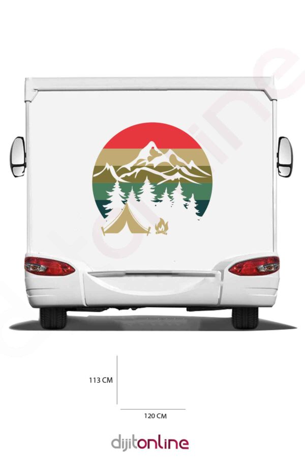 Karavan Kamp Baskı Sticker - Çadır Sticker - Kamp Ateşi Sticker - Dağ Ve Ağaç Sticker - 120x113 Cm