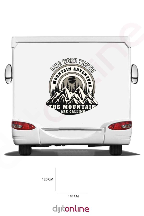 Karavan Macera Baskı Sticker - Dağ ve Güneş Sticker - Ağaç Sticker - 110x120 Cm