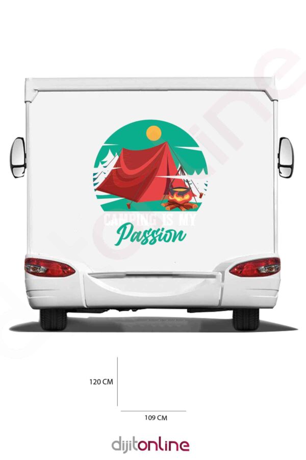 Karavan Kamp Baskı Sticker - Çadır Sticker - Kamp Ateşi Sticker - Ağaç Sticker - 109x120 Cm