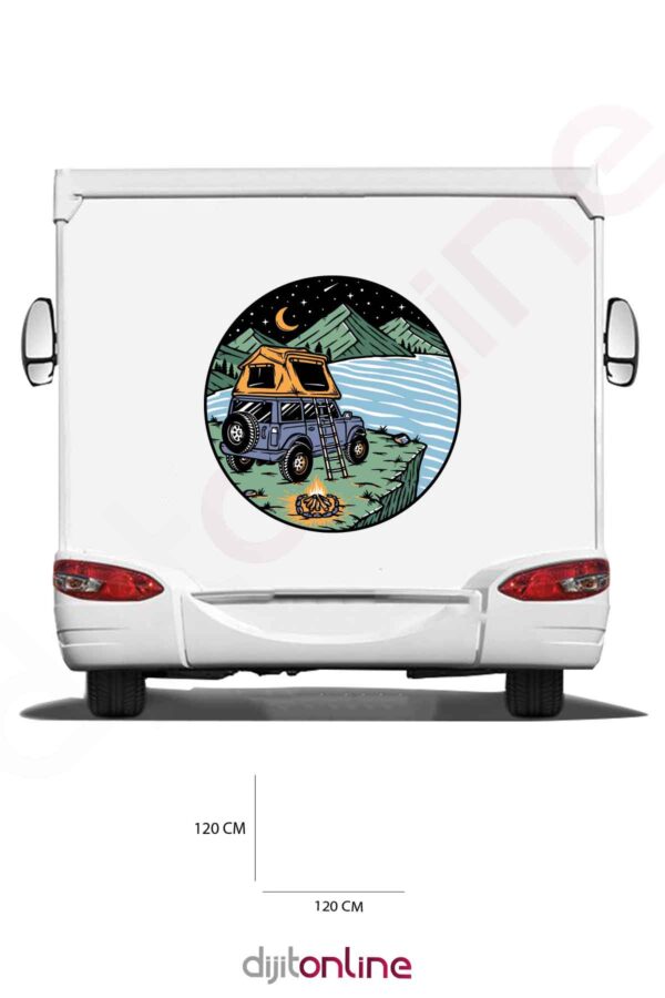 Karavan Kamp Baskı Sticker - Kumsal Sticker - Dalga Sticker - Palmiye Sticker - 120x118 Cm