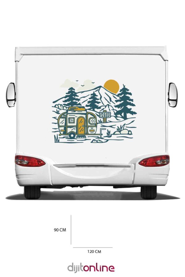 Karavan Kamp Baskı Sticker - Dağ ve Güneş Sticker - Ağaç ve Kuş Sticker - 120x90 Cm