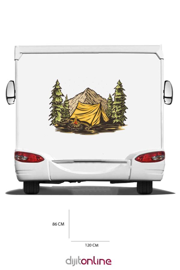 Karavan Kamp Baskı Sticker - Kamp Çadırı Sticker - Ateş Sticker - Dağ ve Ağaç Sticker - 120x86 Cm