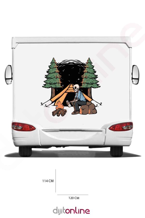 Karavan Kamp Baskı Sticker - Kamp Ateşi Sticker - Kamp Çadırı Sticker - Ağaç Sticker - 120x114 Cm