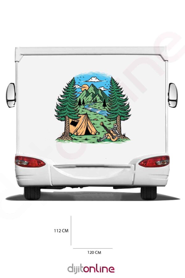 Karavan Kamp Baskı Sticker - Kamp Çadırı Sticker - Dağ ve Güneş Sticker - 120x112 Cm