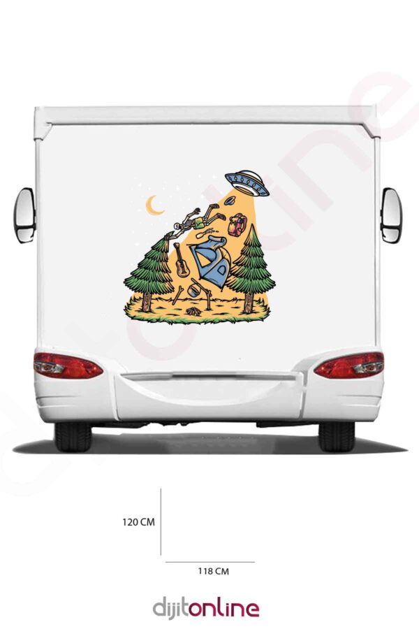 Karavan Kamp Baskı Sticker - Ay ve Yıldız Sticker - Ağaç Sticker - 118x120 Cm