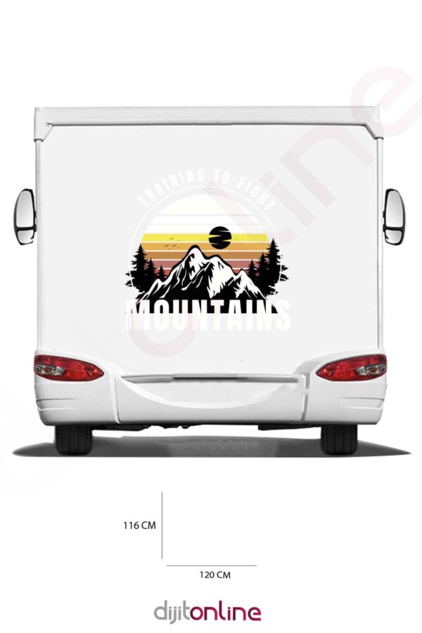 Karavan Kamp Baskı Sticker - Dağ ve Güneş Sticker - Ağaç ve Kuş Sticker - 120x116 Cm