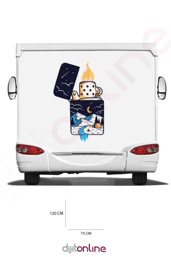 Karavan Kamp Baskı Sticker - Ay ve Yıldız Sticker - Dağ Sticker - Çakmak Sticker -  75x120 Cm
