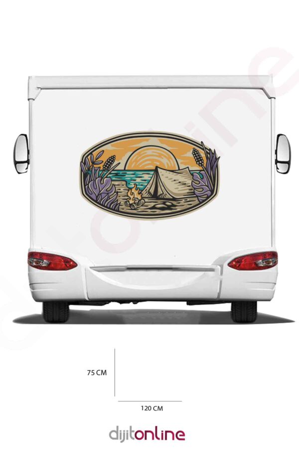 Karavan Kamp Baskı Sticker - Kamp Ateşi Sticker - Güneş Sticker - 120x75 Cm