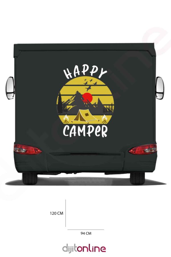 Karavan Baskı Kamp Sticker - Dağ ve Güneş Sticker - Kuş Sticker - Ateş Sticker - 94x120 Cm