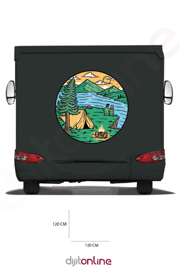 Karavan Kamp Baskı Sticker - Kamp Ateşi Sticker - Çadır Sticker - Dağ Ve Güneş Sticker - 120x120 Cm