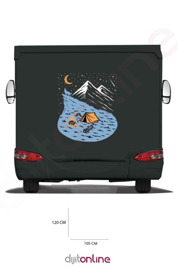 Karavan Kamp Baskı Sticker - Kamp Ateşi Sticker - Dağ Sticker - Ay Ve Yıldız Sticker - 105x120 Cm