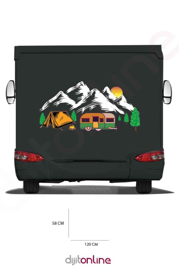 Karavan Kamp Baskı Sticker - Kamp Çadırı Sticker - Ateş Sticker - Dağ Ve Güneş Sticker - 120x58 Cm