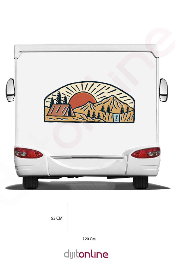 Karavan Kamp Baskı Sticker - Güneş ve Dağ Sticker - Kamp Çadırı Sticker - Ağaç Sticker - 120x55 Cm