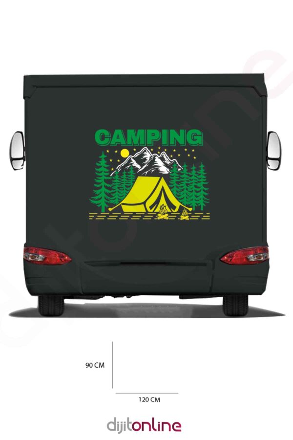 Karavan Kamp Baskı Sticker - Çadır Sticker - Dağ ve Güneş Sticker - Kamp Ateşi Sticker - 120x90 Cm