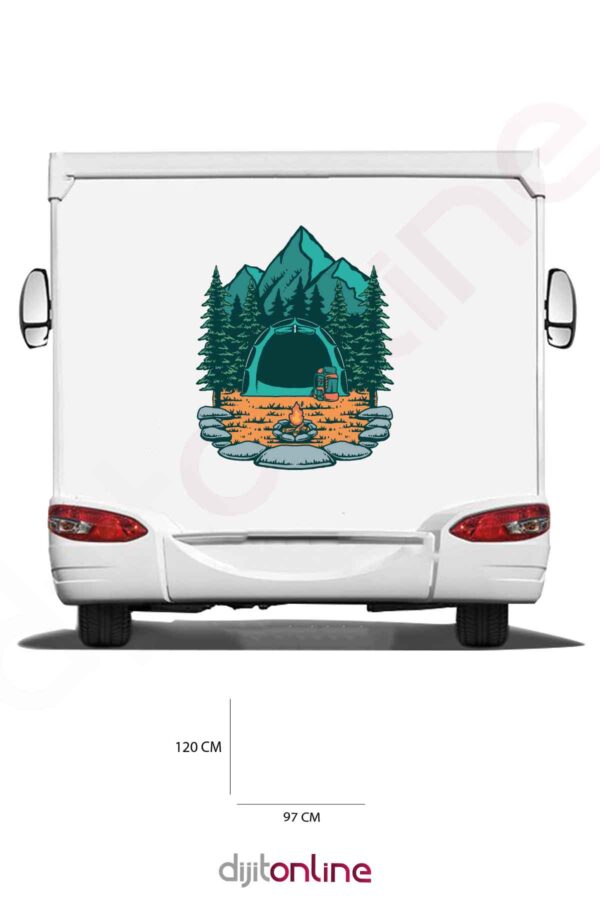 Karavan Kamp Baskı Sticker - Kamp Ateşi Sticker - Çadır Sticker - Dağ ve Orman Sticker - 97x120 Cm
