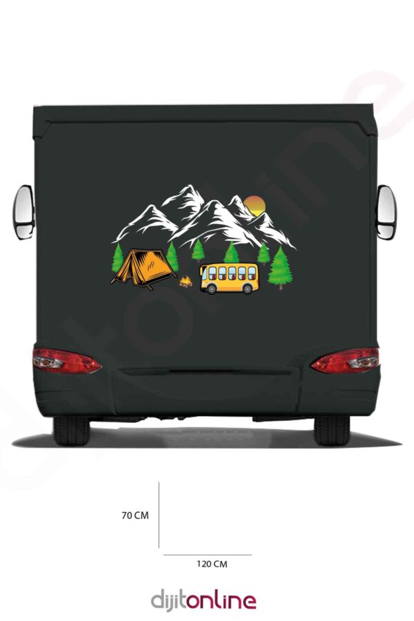 Karavan Kamp Baskı Sticker -Kamp Çadırı Sticker - Dağ ve Güneş Sticker - 120x70 Cm