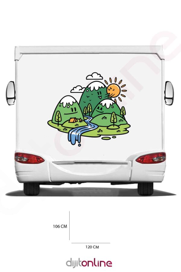 Karavan Kamp Baskı Sticker - Dağ Sticker - Güneş Sticker - 120x106 Cm