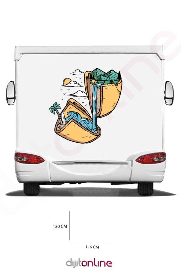 Karavan Kamp Baskı Sticker - Palmiye Sticker - Dalga Sticker - Güneş Sticker - 116x120 Cm