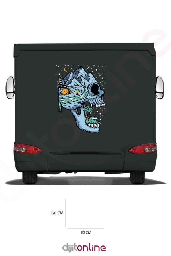 Karavan Kamp Baskı Sticker - Dağ Sticker - Ay ve Yıldız Sticker - Ağaç Sticker - 85x120 Cm