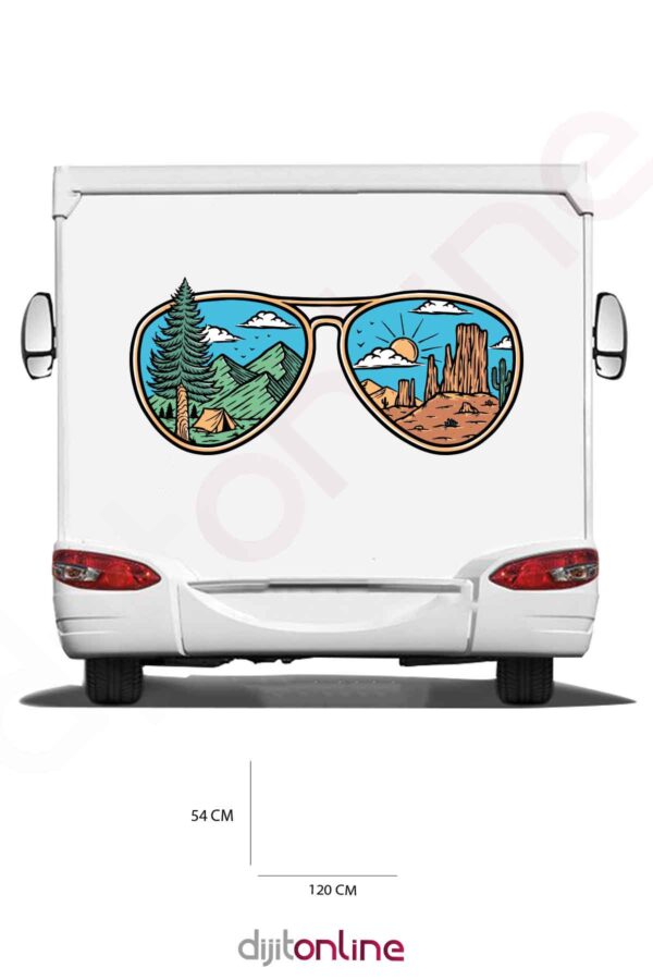 Karavan Kamp Baskı Sticker - Dağ Sticker - Kamp Çadırı Sticker - Çöl ve Kaktüs Sticker - 120x54 Cm