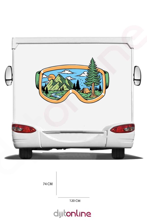 Karavan Kamp Sticker - Ağaç Sticker - Dağ ve Güneş Sticker - 120x74 Cm