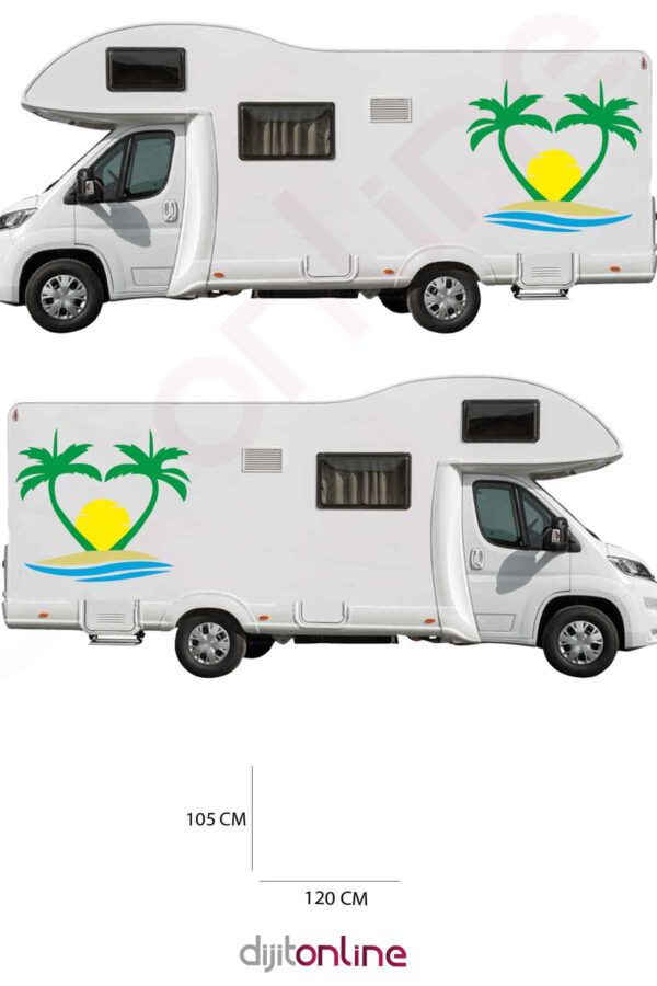 2 Adet Karavan Palmiye Baskı Sticker - Güneş Sticker - Dalga Sticker - Kumsal Sticker - 120x105 Cm