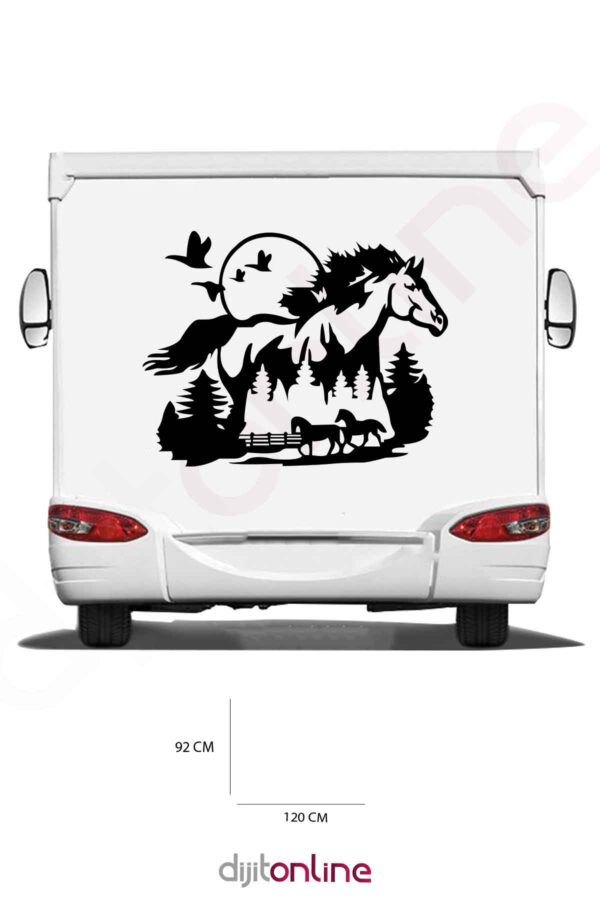 Karavan Ağaç Sticker - At Sticker - Orman Sticker - Kuş ve Güneş Sticker - 120x92 Cm