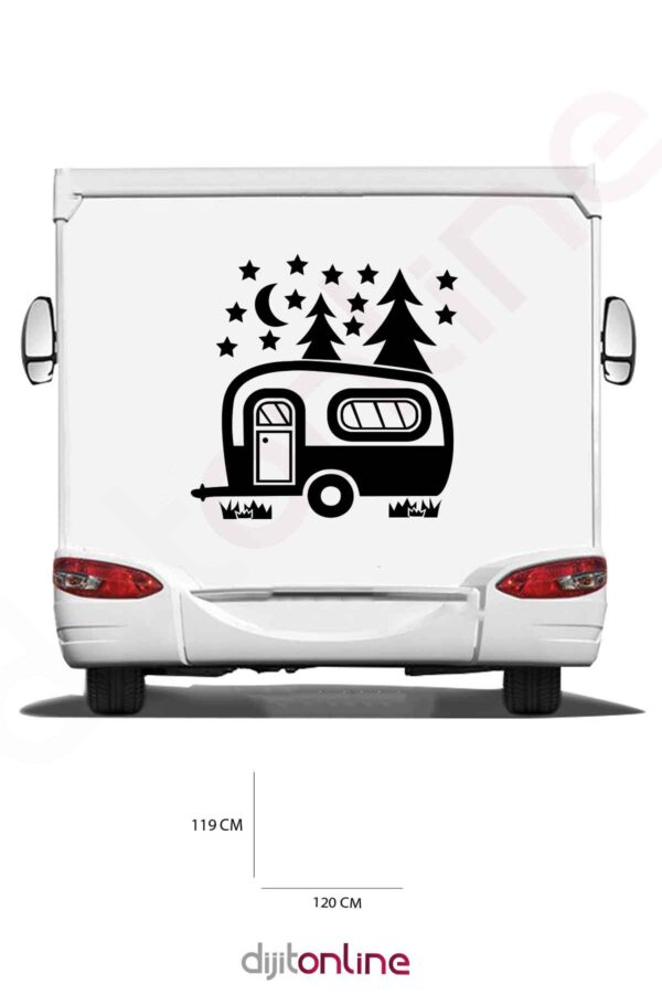 Karavan Kamp Sticker - Karavan Aracı Sticker - Ağaç Sticker - Ay ve Yıldız Sticker - 120x119 Cm