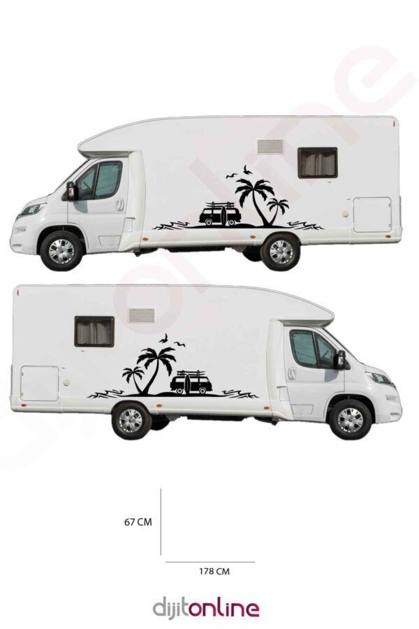 2 Adet Karavan Macera Sticker - Palmiye Sticker - Deniz Sticker - Kuş Sticker - 178x67 Cm