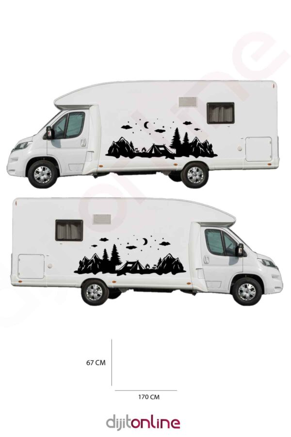 2 Adet Karavan Kamp Sticker - Dağ Sticker - Ay ve Yıldız Sticker - Ağaç Sticker - 170x67 Cm