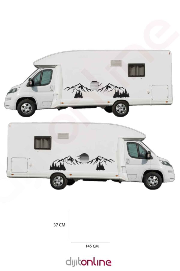 2 Adet Karavan Dağ Sticker - Güneş Sticker - Ağaç Sticker - Kuş Sticker - 145x37 Cm