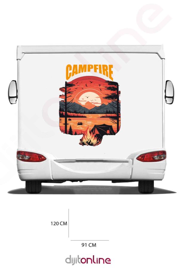 Karavan Kamp Baskı Sticker - Kamp Ateşi Sticker - Gün Batımı Sticker - Kuş Sticker - 91x120 Cm